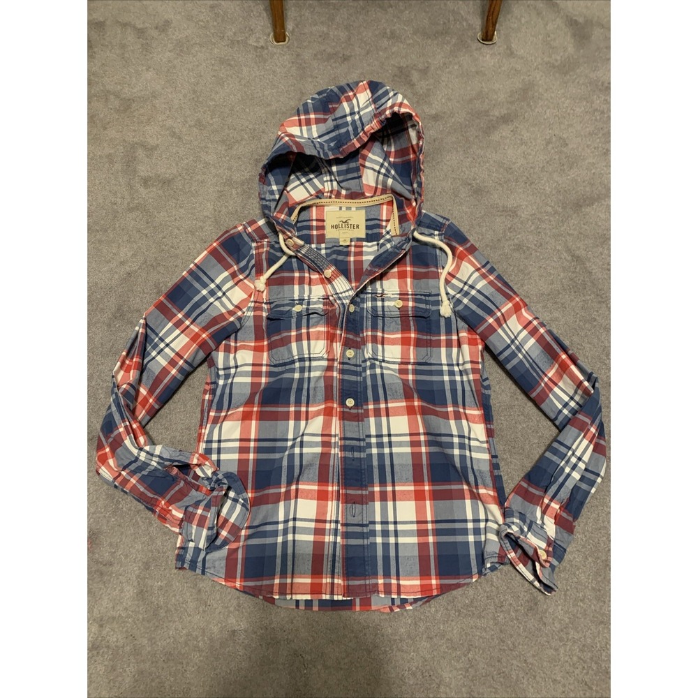 Men's Hollister blue/red plaid button up hoodie‎ - size M